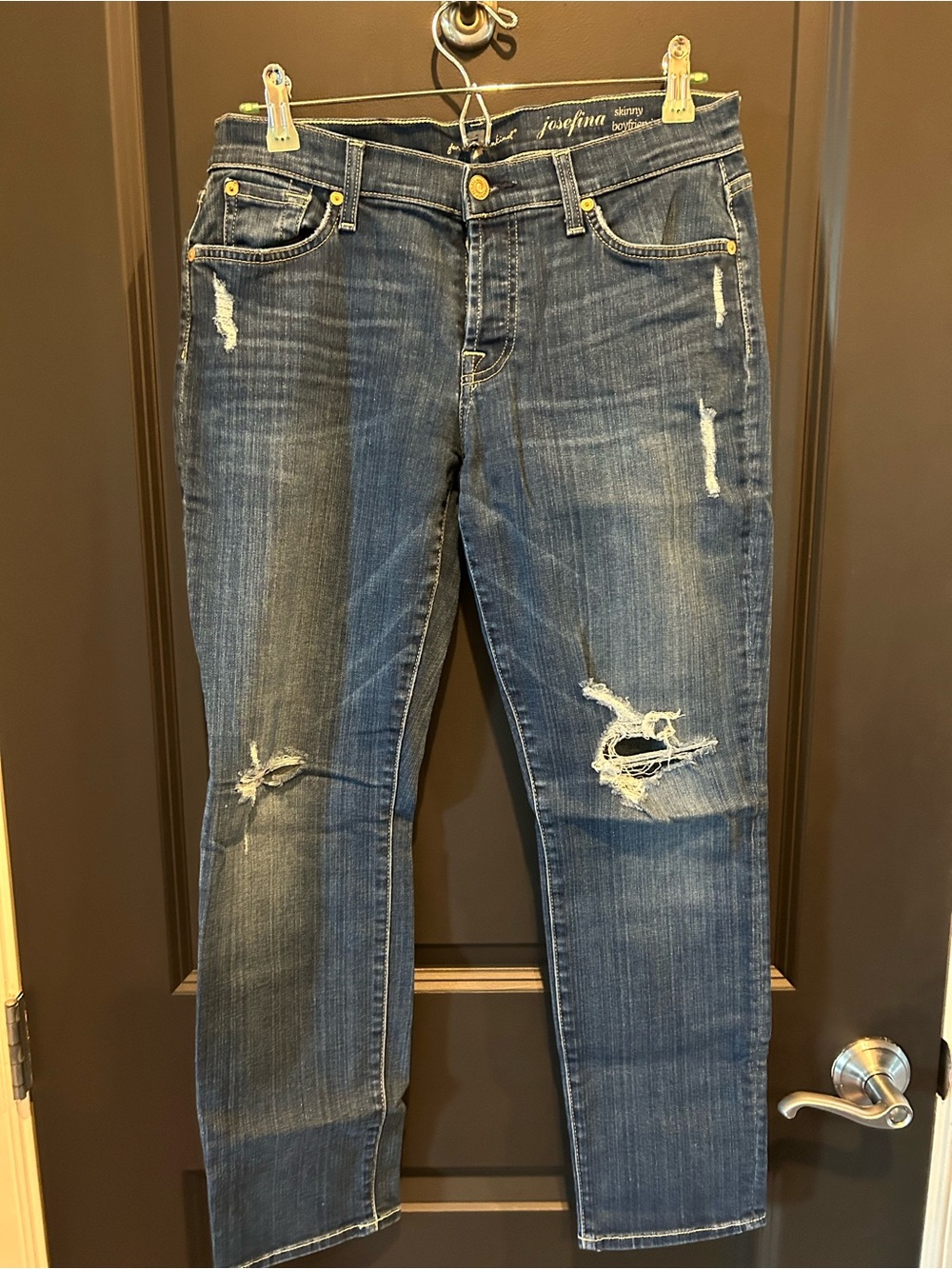 7 For All Mankind Women's Josefina Skinny Boyfriend Jeans -Dark Blue Distressed